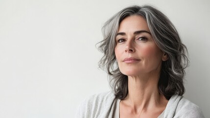 Naklejka premium Elegant Portrait of a Mature Woman with Beautiful Gray Hair and Natural Makeup