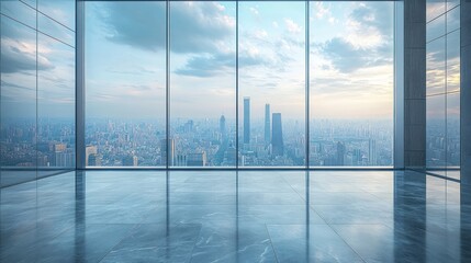 Fototapeta premium Empty modern office space with panoramic city view. (1)