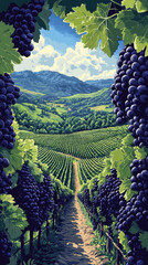 Naklejka premium Scenic vineyard pathway leading through lush grapevines with rolling hills and deep purple grapes in the background