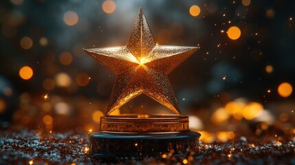 A golden star on a podium with three tiered steps,