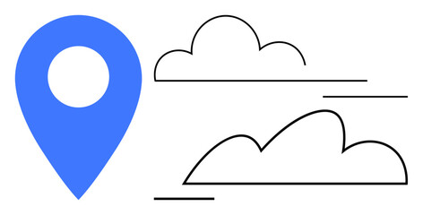 Blue location marker next to two minimal abstract clouds with thin lines. Ideal for navigation, travel, planning, exploration, weather, connection, minimalism. Flat simple metaphor