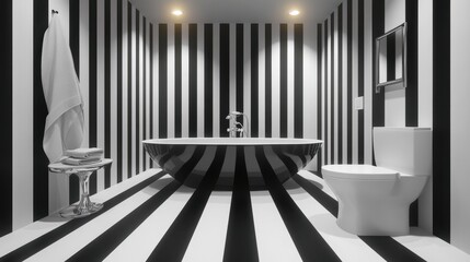 Luxury bathroom interior with pink walls with white bathtub and sink with vertical mirror standing in stylish bathroom in apartment with panoramic window on city view,3D rendering.