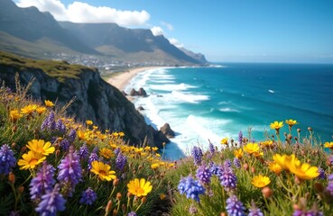 Vibrant wildflowers on rugged coastline Cape Town, South Africa. Sweeping views of Atlantic Ocean, mountains. Coastal beach bay with rocks. Summer holiday vacation. Seascape illustration.
