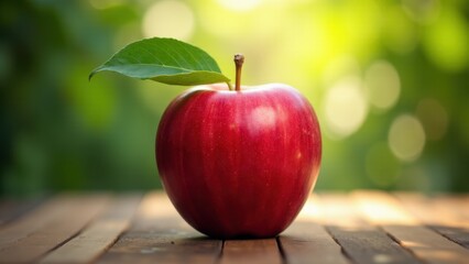 A paradise apple with a leaf attached, sitting on a wooden surface with a blurred green background.