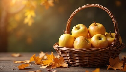 Wicker basket filled with ripe golden apples on wooden table with fallen leaves. Autumn harvest time, farm fruits abundance, rustic natural background. Warm, inviting seasonal organic food still life.