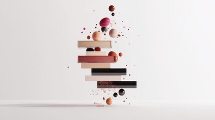 Different makeup products flying in air on color background,Makeup brushes,cosmetic banner concept, pouch, eyeshadow palette, and powder compacts,Perfect look and beauty.