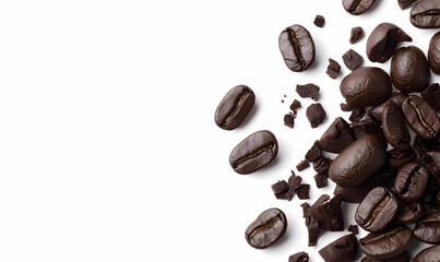 Fototapeta premium Freshly Roasted Coffee Beans and Ground Coffee on White Background