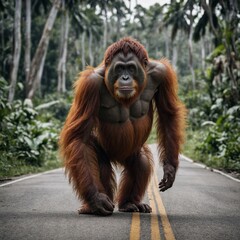 Naklejka premium chasing monster sasquatch in a forest Orangutan's Radiance Vor dem Weihnachtsbaum Majestic Orangutan Relaxing in Natural Habitat at Zoo with Lush Greenery in Background.