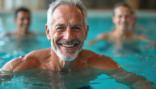 Close-up portrait of smiling senior man in swimming pool with group. Elderly male attends aqua aerobics fitness classes. Water sport activity, healthy lifestyle, group aquatherapy.