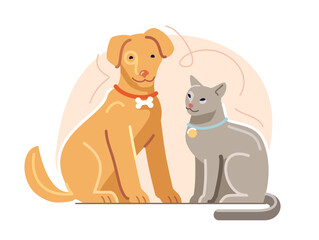 Dog and cat sitting together. Domestic pets, kitten with puppy friendly