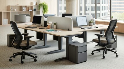 Fototapeta premium Modern office with open layout, ergonomic chairs, and wooden desks, showcasing a focus on comfort and productivity