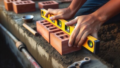 Bricklaying technique demonstration construction site tutorial outdoor close-up craftsmanship