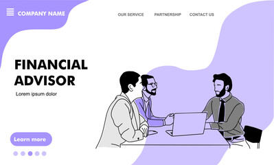 Financial advisor landing page. Website template of finance agent, money consultant. Accounting consultancy, online accountant expert service for tax law literacy. Flat graphic vector illustration
