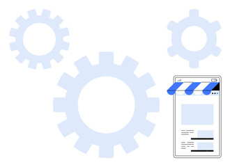 E-commerce storefront with gear shapes symbolizing process automation, system integration, and business operations. Ideal for e-commerce, digital tools, automation, online marketing, innovation