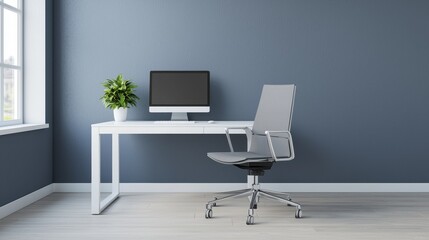 Modern Workspace with Computer, Chair, and Plant on Desk