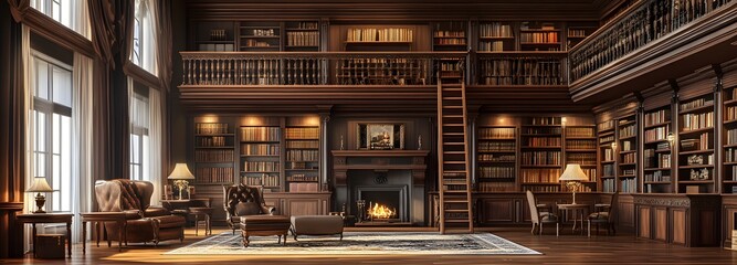 A grand Victorian-style library with floor-to-ceiling bookshelves, a rolling ladder, and antique furniture on an isolate background