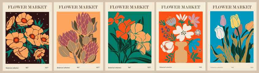 Set of abstract Flower Market posters. Trendy botanical wall arts with floral design in bright colors. Modern naive groovy funky interior decorations, paintings. Vector art illustration.