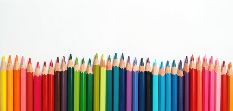 Aligned wave of colorful wooden pencils isolated on white background. Back to school, arts web banner concept. Rainbow colours wax crayons palette. Art creation, return, creativity and education.