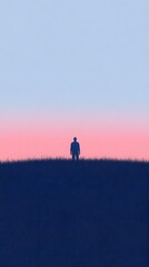 A solitary figure standing on grassy field at dusk or dawn