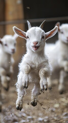 Obraz premium Adorable baby goat running playfully in the soft dirt of a serene farm setting surrounded by nature's beauty