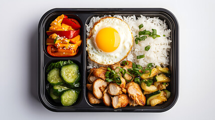 Neatly Packed Bento Box Featuring Thai Basil Chicken with Fresh Vegetables and Fried Egg