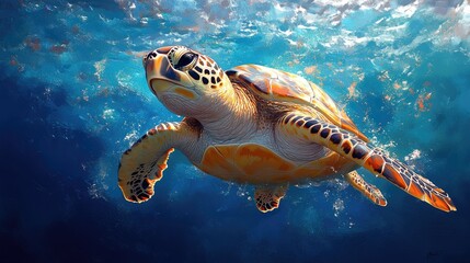 Fototapeta premium A vibrant, colorful digital illustration of a sea turtle swimming underwater against a geometric blue background.
