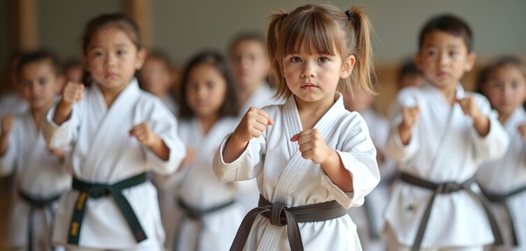 Group of kids wearing kimono with brown belts practicing karate martial art in class after school. Young karatekas with instructor at dojo fitness workout. Confident children martial arts training.