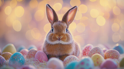 A cute bunny sitting on colorful Easter eggs with a soft, festive background. AI Generated Images