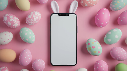 A smartphone with a blank screen surrounded by pastel-colored Easter eggs and bunny ears. AI Generated Images