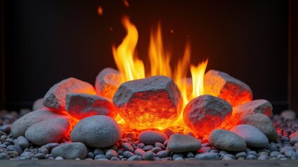 A river rock fireplace with glowing stones and flames creates a warm and inviting atmosphere.
