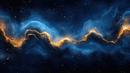 Abstract cosmic nebulae with swirling patterns of blue and gold.