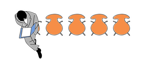 Business man waiting for Job interview. Businessman in formal suit sitting on chair in office. Top view. Modern vector simple outline drawing for graphic, web design. Isolated 