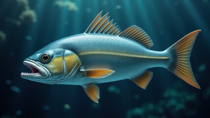 Naklejka premium A rock cod fish with a blue and orange coloration swims underwater, showcasing its detailed fins and scales.