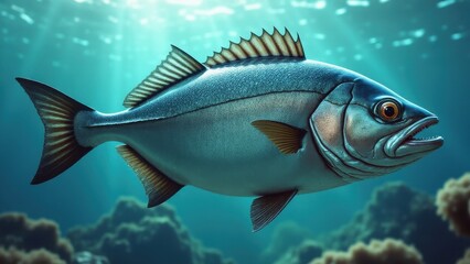 Fototapeta premium A rock cod fish swimming underwater with sunlight filtering through the water, highlighting its scales and fins.