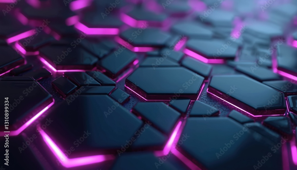 Aufkleber black hexagon shapes with neon purple glow. futuristic 3d illustration, tech abstract background, di