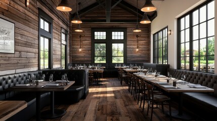 Cozy Rustic Restaurant Interior with Wooden Décor and Warm Lighting