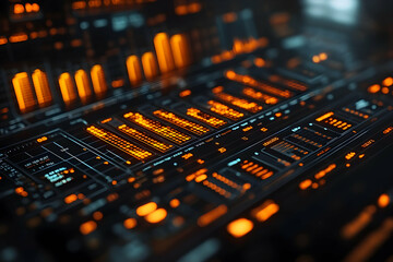 Futuristic control panel interface with glowing orange elements