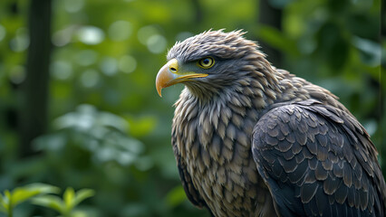 Naklejka premium Majestic eagle perched amidst lush greenery, showcasing its sharp gaze and powerful presence. vibrant background enhances bird striking features and natural beauty