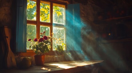 Sunlight streams through rustic window
