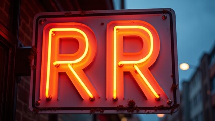 Neon sign with two glowing red "R" letters.