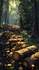 Obraz premium Lush green forest with towering trees and a vibrant organic mushroom farm nestled among neatly stacked wooden logs