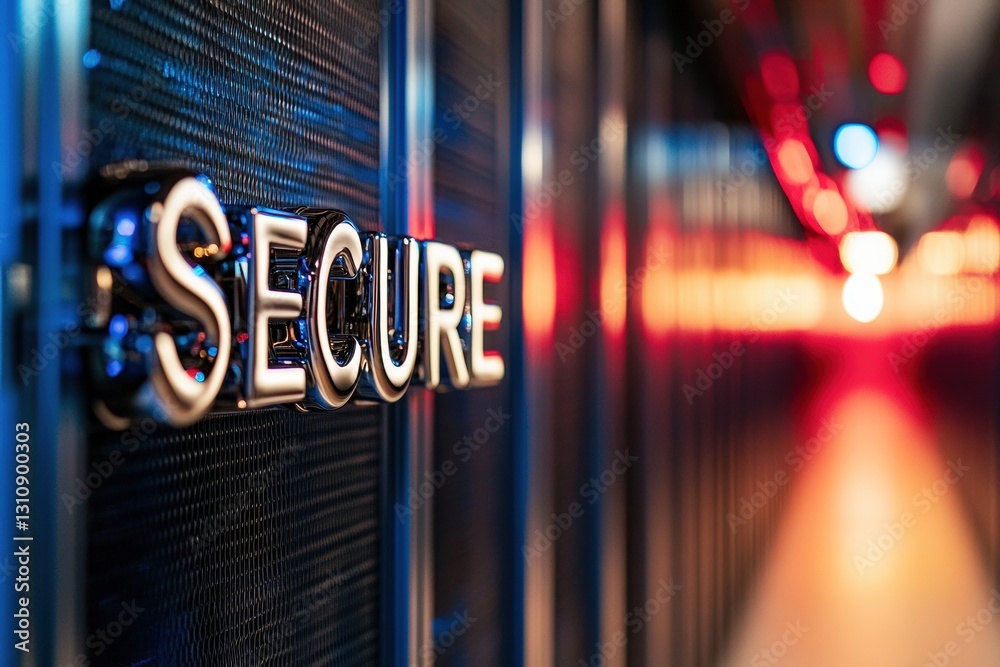 Poster Cybersecurity Innovation Chrome Metallic SECURE Typography in Immersive Data Center Visualization - Next-Gen Digital Protection Branding