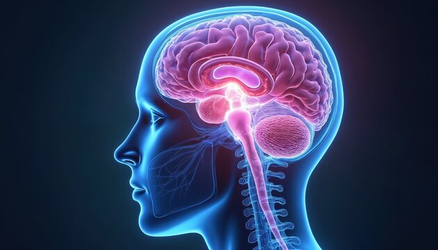 Medical illustration of human brain, limbic system, hypothalamus role in emotions, behaviors. Useful for neurology, psychology, AI, mental health research. Human anatomy, physiology, brain functions.
