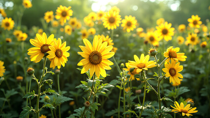 Obraz premium Bright sunflowers bloom in vibrant field, showcasing their yellow petals and green leaves under warm sunlight. scene evokes sense of joy and tranquility