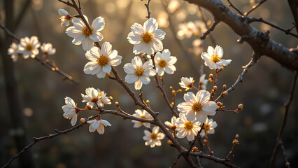 Delicate white flowers bloom on branches, illuminated by soft sunlight, creating serene and tranquil atmosphere in nature embrace