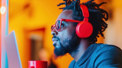 Immersive Creative Flow Vibrant Gen Z Freelance Musician Crafting Sonic Landscapes in Digital Nomad Workspace with Bold Color Psychology