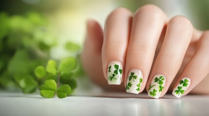 Closeup of beautiful woman hands with Four clover manicure on nails,Lucky clover leaves,Patricks day watercolor clipart,Spring flower pattern,St. Patrick s day seamless pattern.
