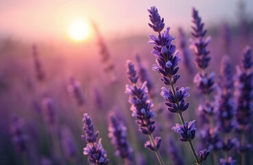 Fototapeta premium Blooming lavender field at sunrise, closeup. Violet aromatic plants in purple flower background, blossom in morning. Agriculture scenic landscape. Floral vibrant countryside aroma, perfumery, relax.
