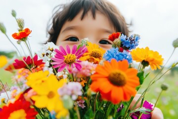 Naklejka premium Mindful Childhood Serenity Vibrant Wildflower Meadow Exploration - Gen Z Wellness and Nature Connection through Playful Sensory Discovery
