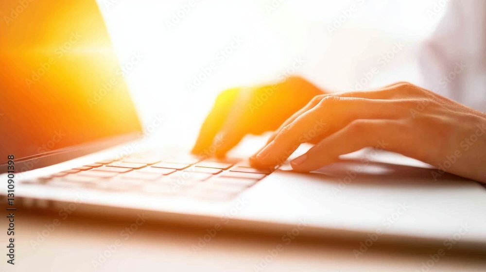 Poster Mindful Digital Workflow Soft Sunlight Illuminating Minimalist Laptop Workspace - Ergonomic Remote Productivity and Wellness Design